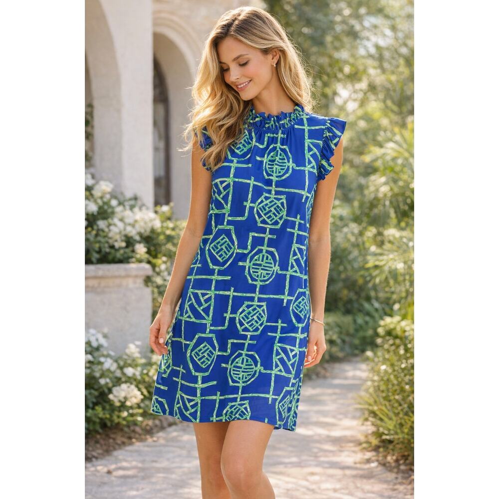 Jude Connally Dress Large Blue Green Geometric Ruffle Sleeve USA Resort